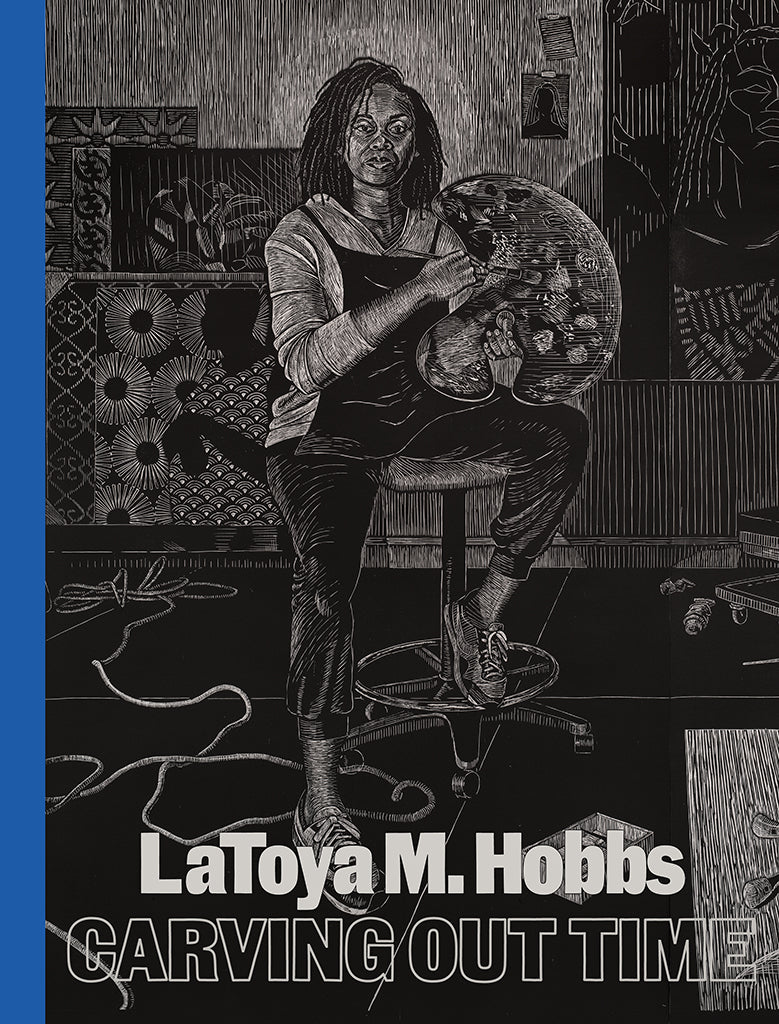 A woodblock print of a woman holding up a painter's palette in her left hand and a brush in her right hand. Text along the bottom reads LaToya M. Hobbs Carving Out Time.
