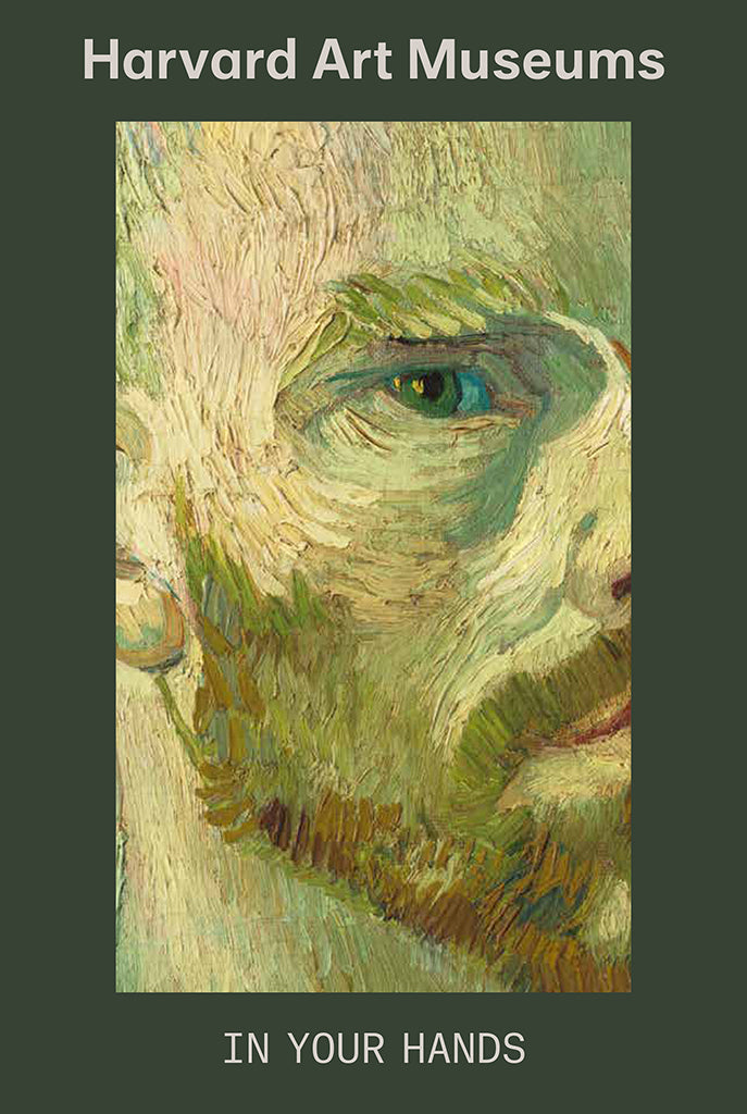 A detail of a painting of a man's face with a cropped beard and mustache. A dark green border surrounds the image with white text "Harvard Art Museums" printed above, and "In Your Hands" below.