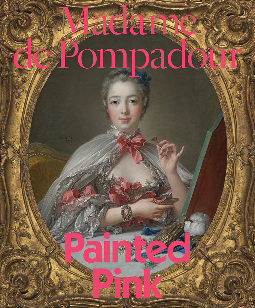 This book cover features a painted portrait of an extravagantly dressed woman seated at a table, applying pink powder blush to her cheeks. 
